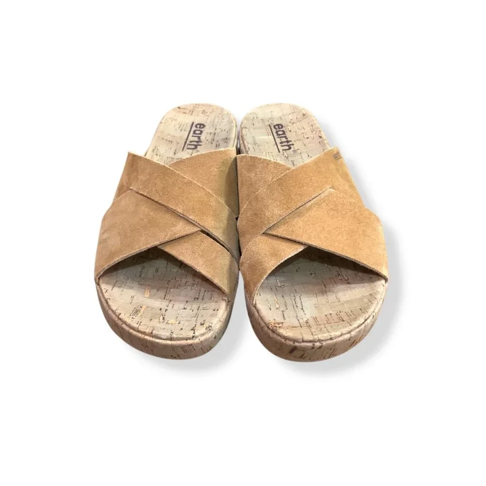 Women's Earth Cork Wedge Cross Strap Sandals Sz 8 Tan Suede Slip-On‎ Resort Pool